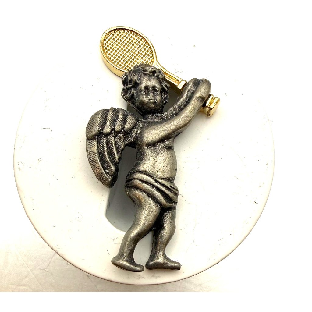 Vintage Camco Cupid Tennis Player Figural Brooch Gold Tone Racket Pin